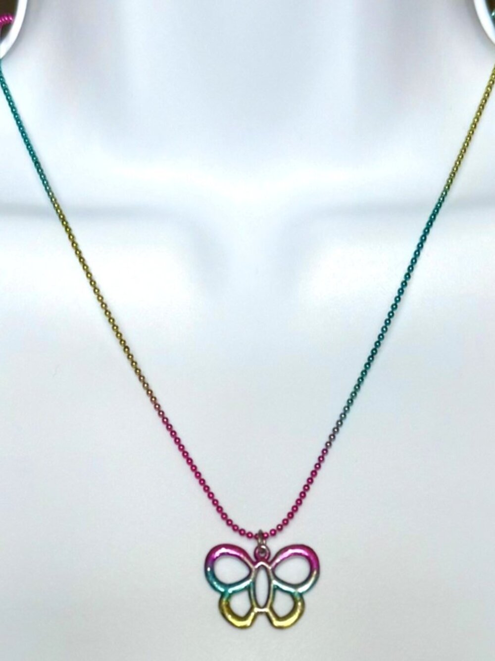 Vintage Y2K Colorful Butterfly Pendant Necklace Bead Chain Whimsical Rainbowcore